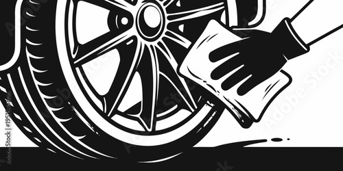 Black and white vector illustration of car detailing process. Close-up of worker hand in protective glove cleaning alloy wheel rim with microfiber cloth.