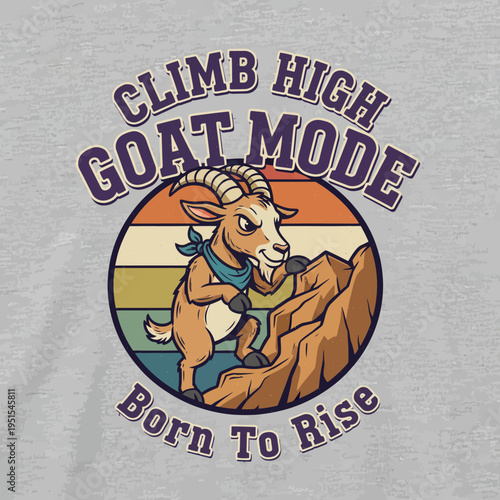 Goat wearing blue scarf climbing mountain.