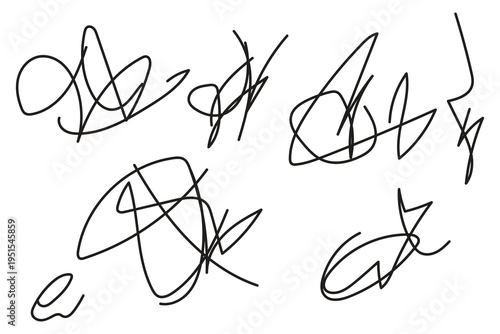 A collection of abstract signature scribbles on a white background