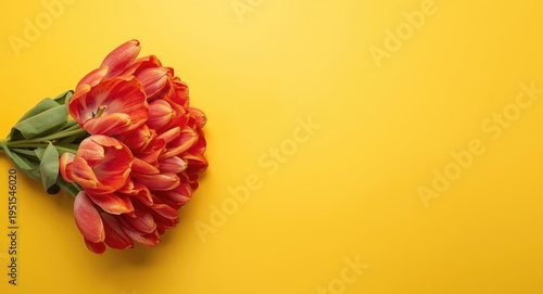 Flat overhead view of a petal rich tulip bouquet set on a dynamic yellow backdrop with text space