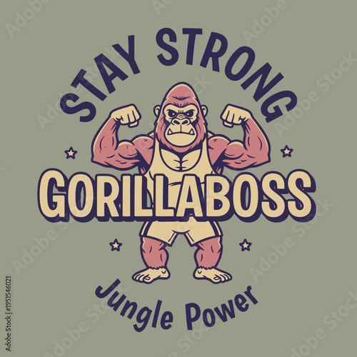 Muscular cartoon gorilla flexing muscles strong.