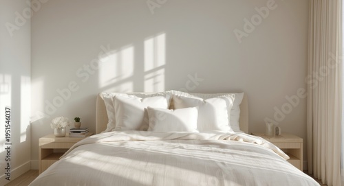 Neatly arranged white pillows on a well-made bed creating a serene and elegant bedroom vibe