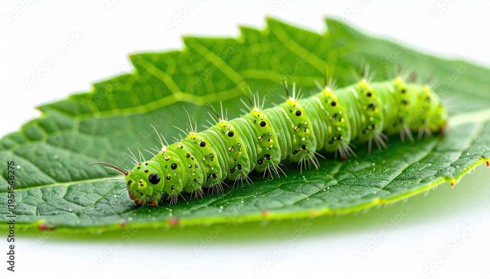 Fototapeta premium Bright green fuzzy caterpillar crawling on a vibrant leaf, showcasing intricate details of insect life.