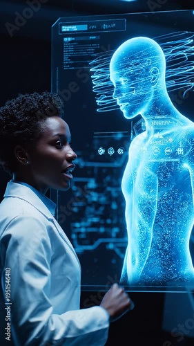 Scientist interacts with futuristic human hologram in laboratory