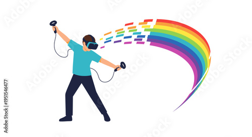 Person wearing VR headset and controllers creates a rainbow arc from digital blocks, symbolizing creativity and virtual reality.