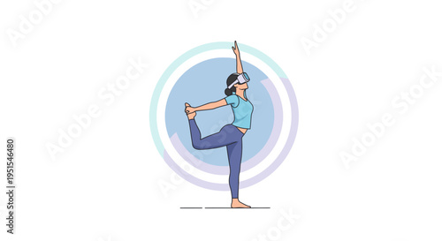 Woman practicing yoga in VR headset, virtual reality meditation, futuristic fitness and wellness, digital balance pose