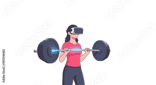 Woman wearing VR headset lifting a virtual reality barbell for augmented reality fitness training