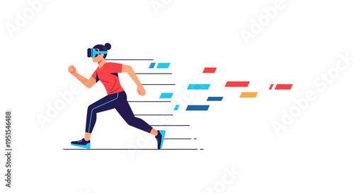 Woman running in virtual reality headset, experiencing immersive digital fitness and high-speed metaverse training simulation with futuristic tech elements.