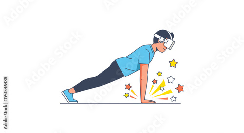 Man doing a plank exercise with a virtual reality headset, experiencing gamified fitness in a futuristic digital workout, innovative technology for active lifestyle.