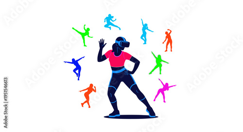 Energetic woman leading a diverse group of dancers in a vibrant, colorful fitness class or dance routine.