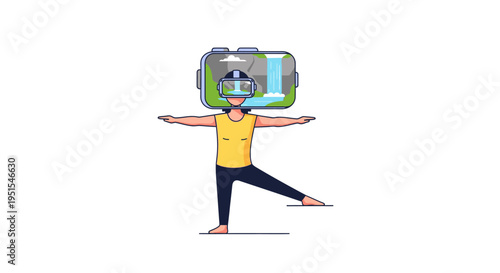 Woman practicing yoga in VR headset, experiencing virtual reality nature landscape, technology and meditation