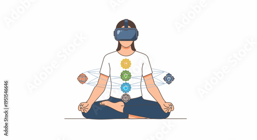Woman meditating in VR headset with chakras aligned, symbolizing virtual reality wellness and spiritual balance