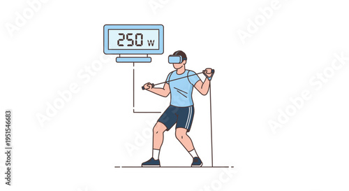Man in VR headset exercising with smart equipment, displaying 250 watts on screen, modern fitness concept