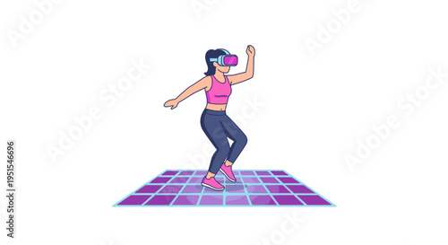 Young woman in VR headset actively dancing or exercising on a futuristic glowing grid, embracing immersive virtual reality, metaverse, and future tech.