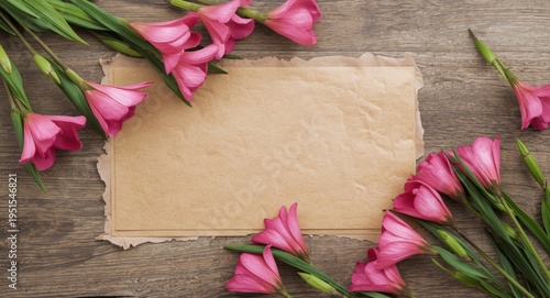 Natural rustic background with pink alstroemeria flowers framing blank craft paper for custom text