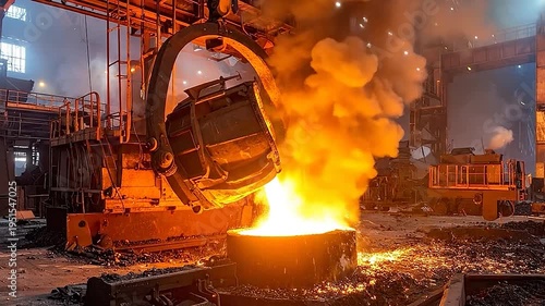 Molten l pouring from a large industrial ladle in a steel mill