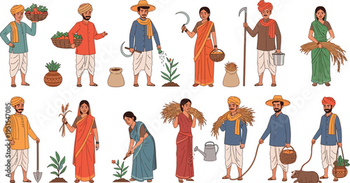 Indian Farmers Character Collection with Traditional Clothing, Agricultural Tools, Harvesting, Planting, and Rural Village Lifestyle Illustration Set