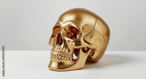 Gold skull replica highlighted on minimalist backdrop for cosmetic presentations