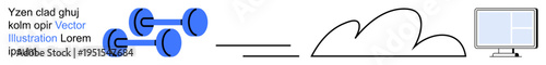 Cloud computing, data storage, networking, digital technology, virtual infrastructure, file sharing. Blue dumbbell, cloud shape monitor connected. Cloud computing and data storage concept