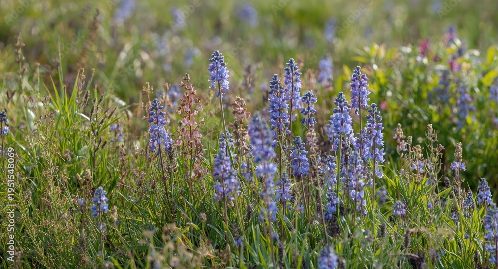 Fototapeta premium Natural landscape painting highlighting lively purple and blue flowers in a field
