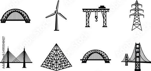 Infrastructure silhouettes collection featuring bridges, wind turbine, crane and power transmission tower, engineering and construction elements set isolated on white background for design use