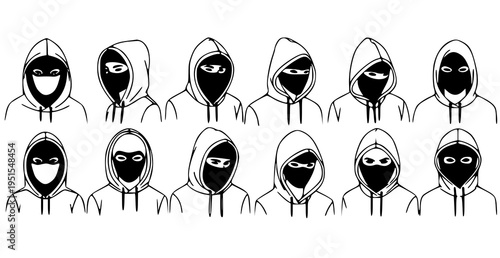 A vector graphic illustration of multiple hooded figures with masked faces
