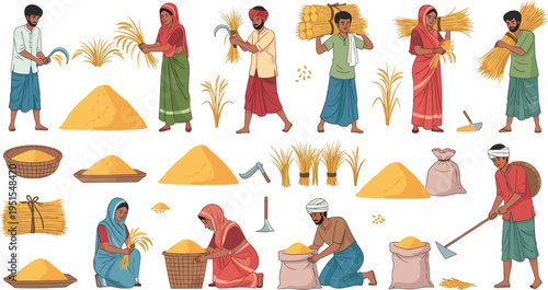 Rice Harvesting Farmers Collection with Traditional Rural Workers Cutting, Carrying, and Processing Paddy Crops in Village Agriculture Illustration Set