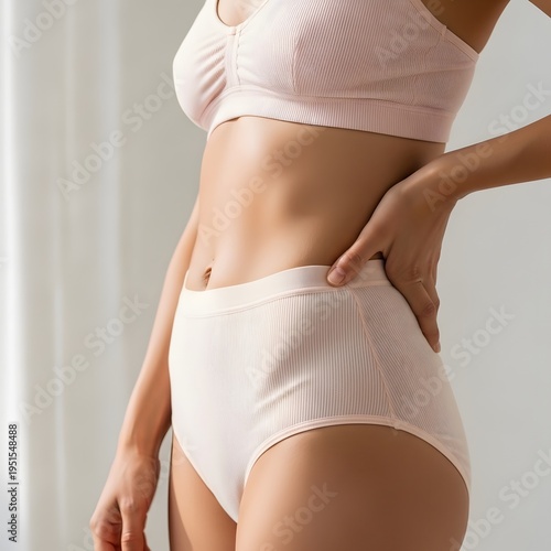 Woman in pink underwear standing with hand on hip in front of white background