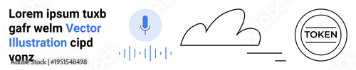 Voice recognition, cloud storage, token authentication, AI technology, audio processing, networking systems. Minimalist s of a microphone, cloud and token. Voice technology and cloud storage concept