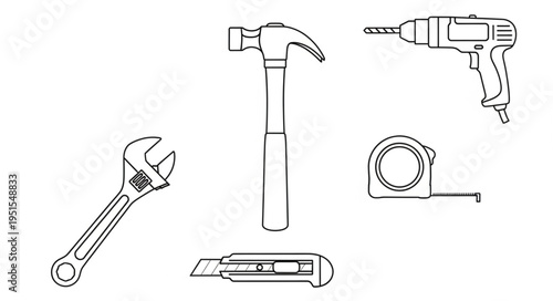 Collection of various hand tools for construction and repair work on white background.