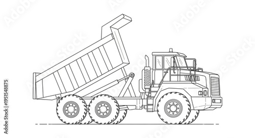 Detailed illustration of a heavy-duty dump truck with its bed raised, ready to unload.