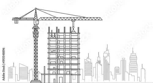 Construction site with crane building a high-rise structure, architectural design.