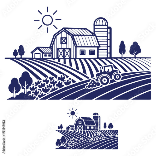 Farm landscape with barn silo tractor and plowed field vector illustration agricultural scene with sun rural countryside artwork