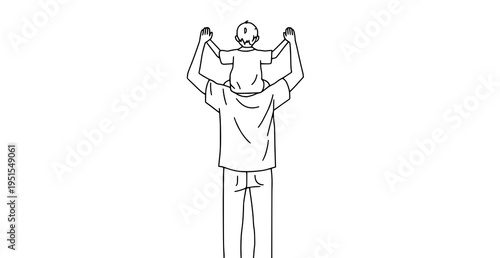 A minimalist line art illustration of a man carrying a child on his shoulders