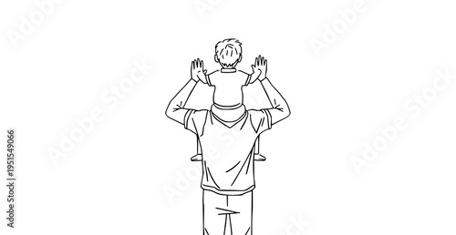 A minimalist line art illustration of a man carrying a child on his shoulders