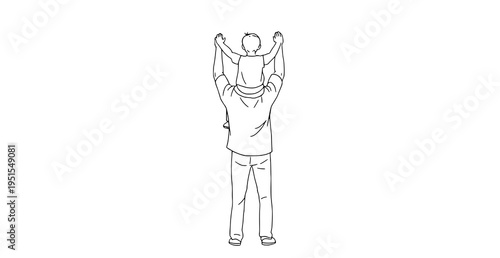 A minimalist line art illustration of a man holding a child on his shoulders