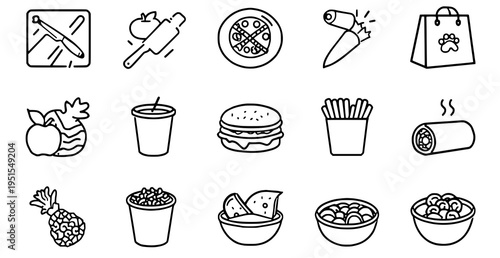 A set of minimalist food icons in a simple line art style