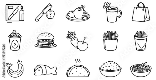 A set of black and white line art food icons for design