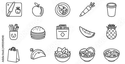 A set of minimalist food icons in a flat line art style