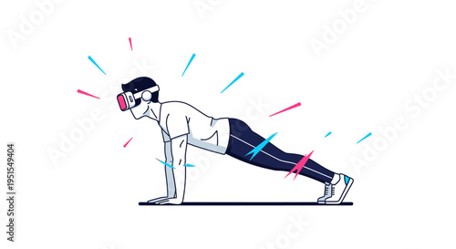 Man performing a plank exercise with a VR headset, experiencing a futuristic digital workout. Immersive virtual reality fitness blending technology and physical activity.