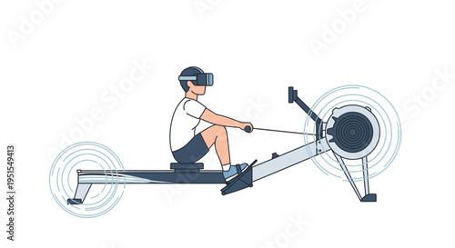Person exercising on a rowing machine with a virtual reality headset, illustrating the integration of fitness and immersive technology for modern workouts.