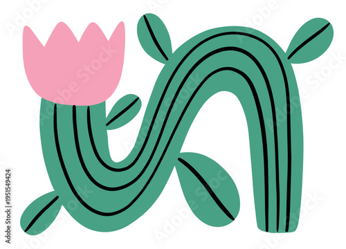 A whimsical teal cactus with playful, wavy stems and a large pink blossom. Decorated with black pinstripe details and minimalist leaves, it evokes a modern, desert-inspired boho-chic aesthetic.