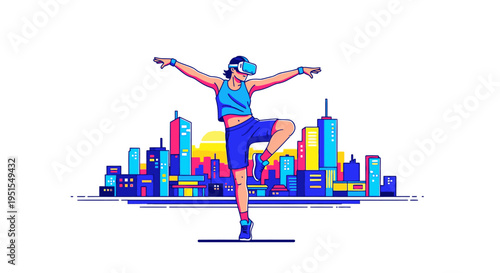 Immersive VR fitness experience: A woman in a virtual reality headset performs a balancing exercise within a dynamic, stylized urban metaverse landscape.