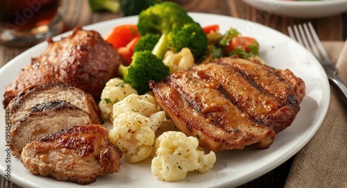 Hearty plate combining turkey fillet pork cutlet grilled chicken with roast meat baked potato broccoli cauliflower and salad