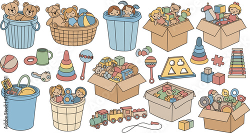 Cartoon Toy Storage Collection with Teddy Bears Building Blocks Stacking Rings Trains and Baby Playroom Containers for Kids Vector Illustration