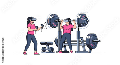 Woman exercising with virtual reality headset and controllers, lifting weights in a gym