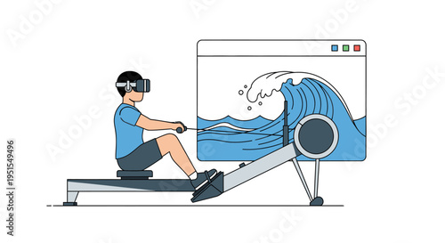 Man wearing VR headset rowing machine, virtual reality fitness, immersive workout experience with ocean waves on screen