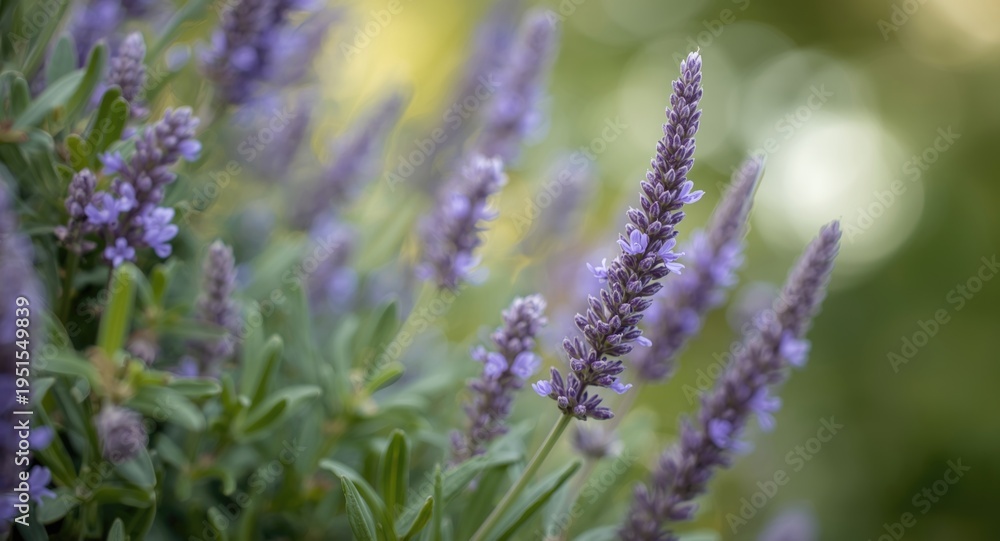Fototapeta premium Close up view of lavender leaf Stachys with green foliage and a soft bokeh spring background
