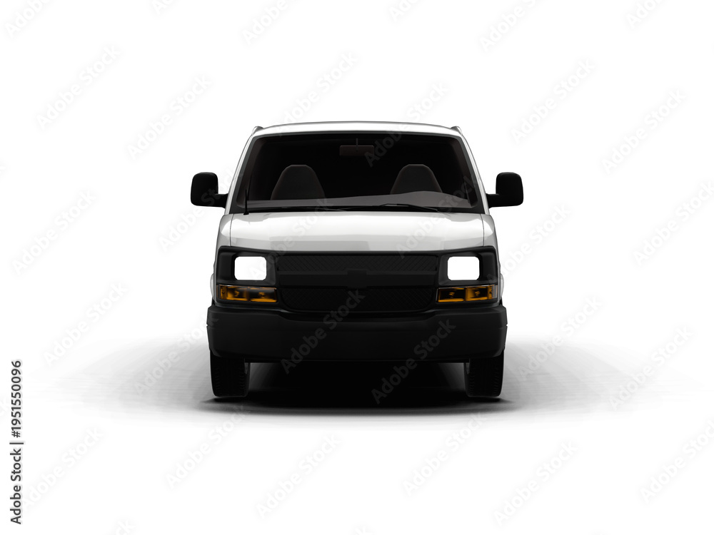 Fototapeta premium White Full Size Cargo Van Front Angle View Isolated on White Transparent Background – Commercial Vehicle 2003
