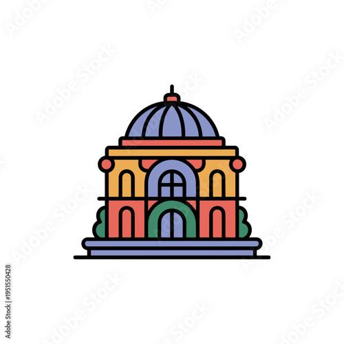 A colorful illustration of a building with a dome roof